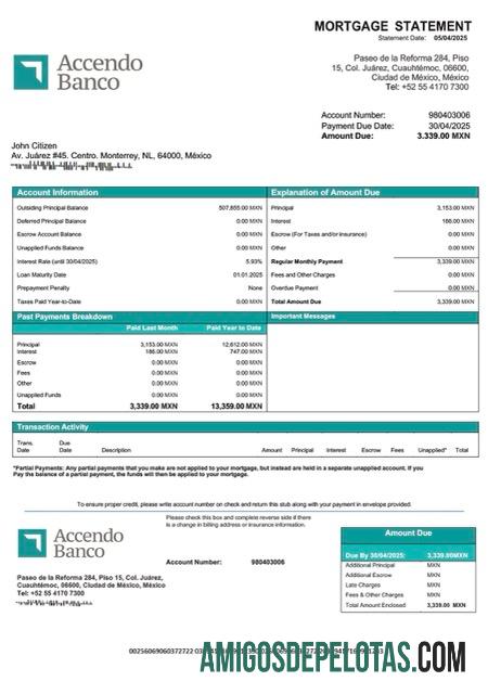 para download Modelo Word e PDF de extrato hipotecário do México Accendo Banco